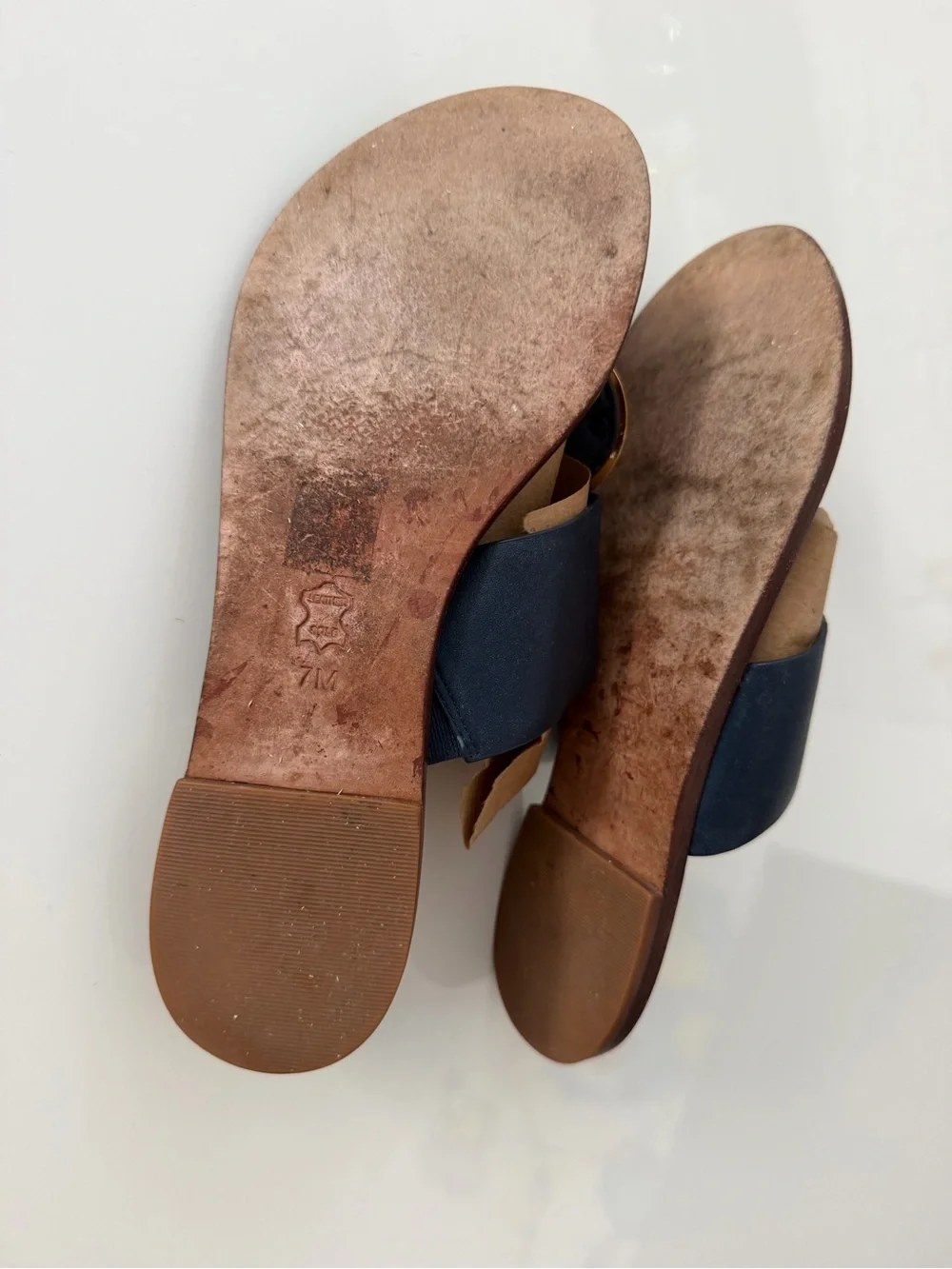 Tory Burch Patos Disk Sandals Navy Gold Leather Size 7M